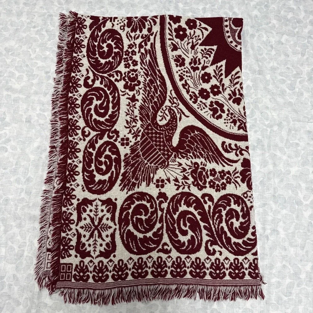 Vintage Goodwin Weavers Burgundy White Jacquard Throw Wool Blanket  W/Firebird